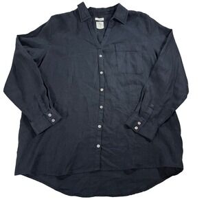 Joie XL 100% Linen Black‎ Button Up Shirt V-Neck Long Sleeve Pockets Classic